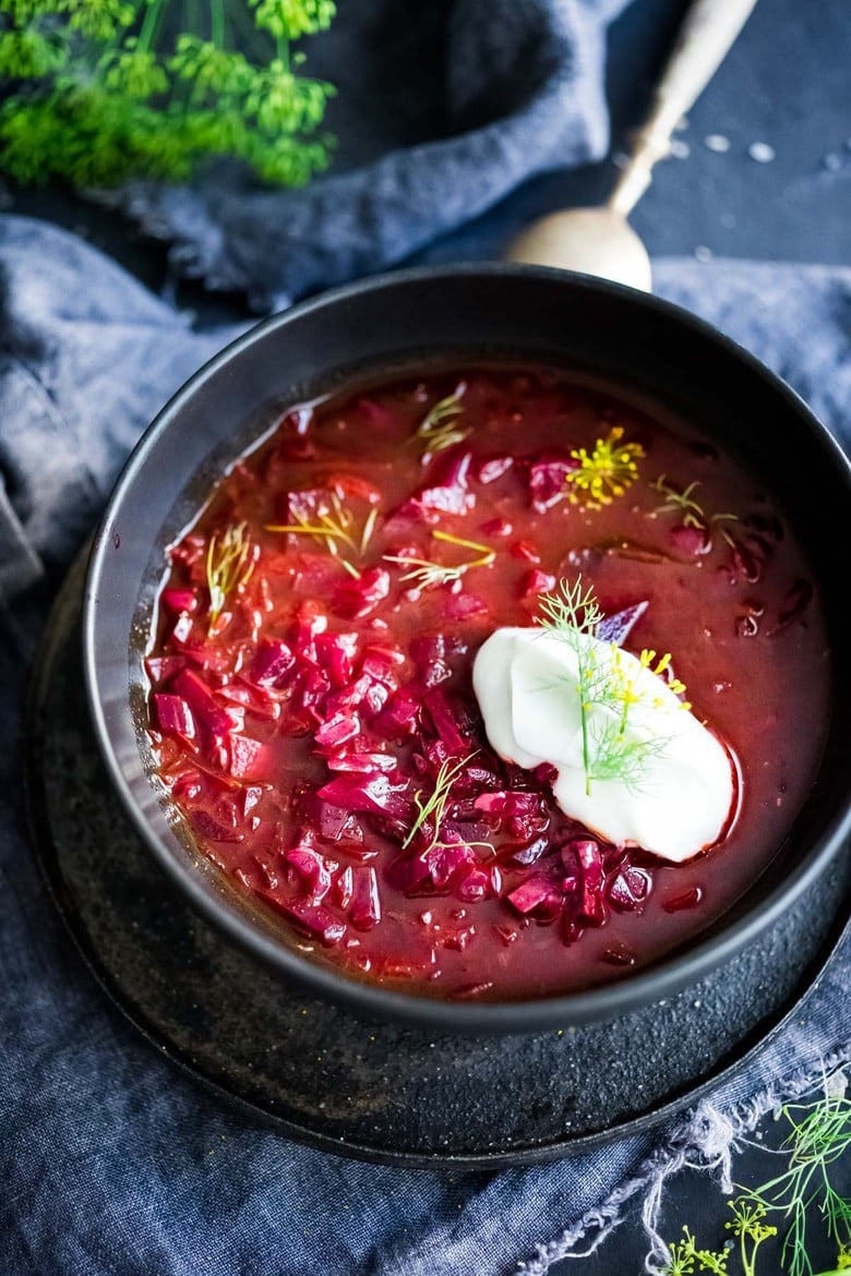 A simple delicious recipe for Borscht- a healthy, vegan, beet and cabbage soup that can be made in an Instant Pot or on the stove top. Warming and nourishing, Borscht is full of flavor and nutrients!  #borscht #beetborscht #beetsoup #cabbagesoup #vegansoup #beets #cleaneating #plantbased #eatclean #vegan #vegetarian #instantpot #instapot