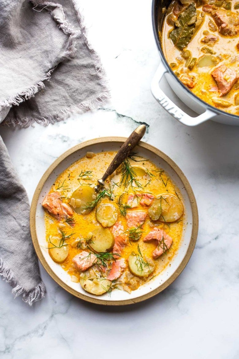 The best Salmon Chowder recipe using fresh salmon, that can be made in about 30 minutes on the stovetop. Fennel bulb gives this a lovely flavor, while a little smoked paprika adds a subtle smokiness without the addtion of bacon. Low carb, Keto and dairy-free adaptable!