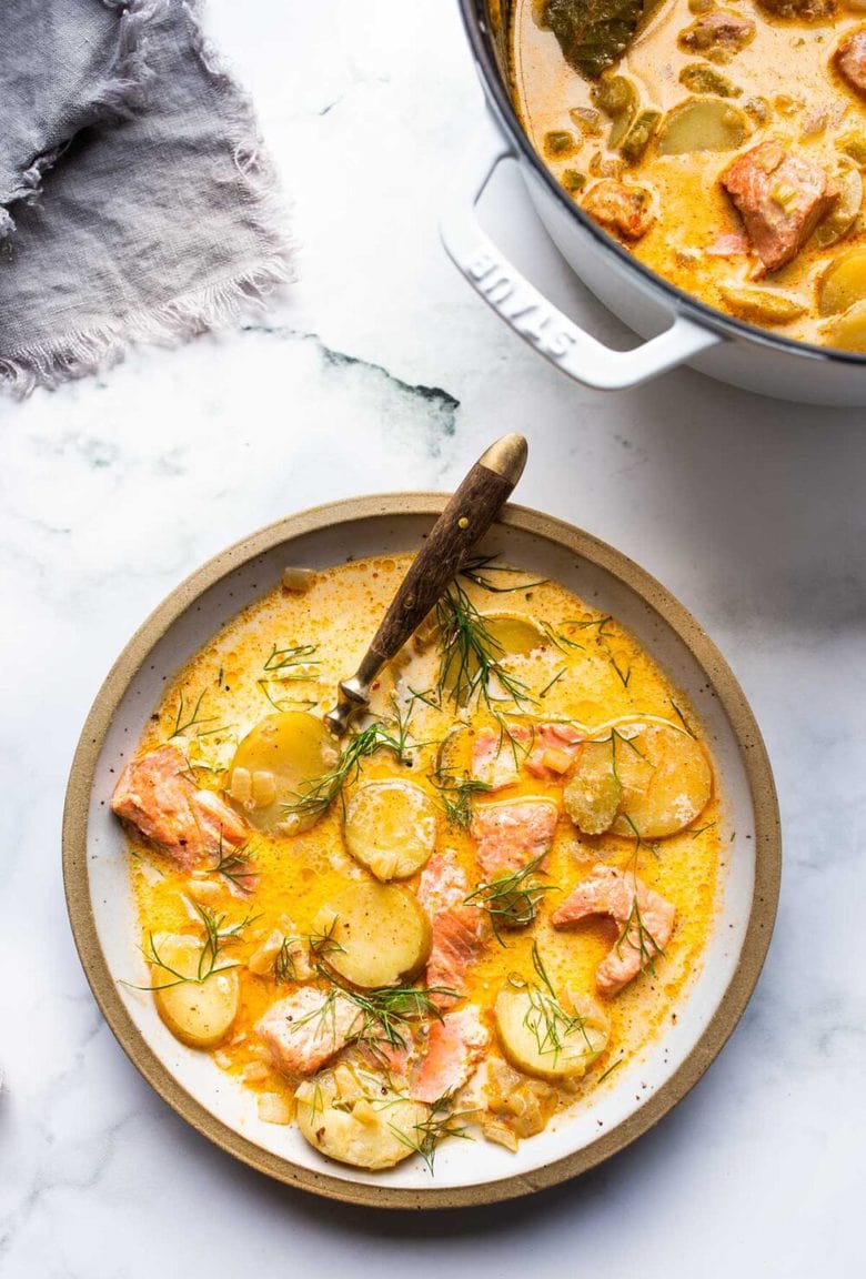 The best Salmon Chowder recipe using fresh salmon, that can be made in about 30 minutes on the stovetop. Fennel bulb gives this a lovely flavor, while a little smoked paprika adds a subtle smokiness without the addtion of bacon. Low carb, Keto and dairy-free adaptable! 