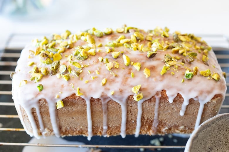 Meyer lemon loaf cake with pistachios and lemon glaze 