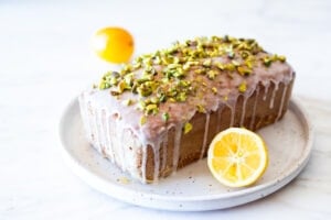 Meyer lemon loaf cake with pistachios and lemon glaze