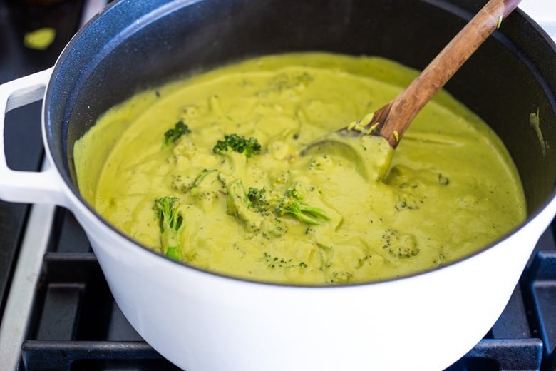 Vegan Broccoli Cheddar Soup in the pot