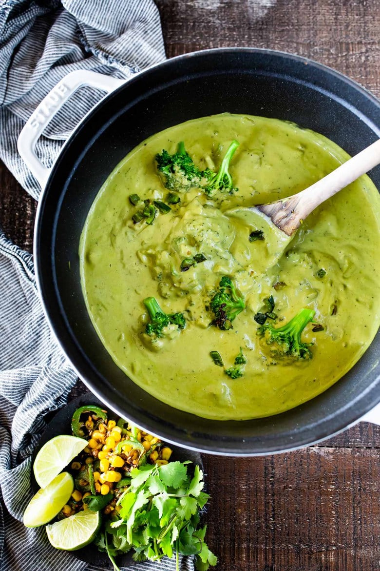 Vegan Broccoli "Cheddar" Soup with Jalapeño - a fast and easy vegan dinner recipe that is healthy, vegan and keto! 