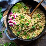 An easy healthy recipe for Cilantro Lime Rice that is made on the stovetop. Make this with brown or white basmati rice ( or jasmine!). #rice #cilantrolimerice #mexicanrice