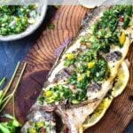 A simple recipe for Grilled Branzino with flavorful Preserved Lemon Gremolata - a flavorful Mediterranean meal that can be made in 35 minutes! (Feel free to substitute other whole fish!) No preserved lemons? No problem, see recipe notes!