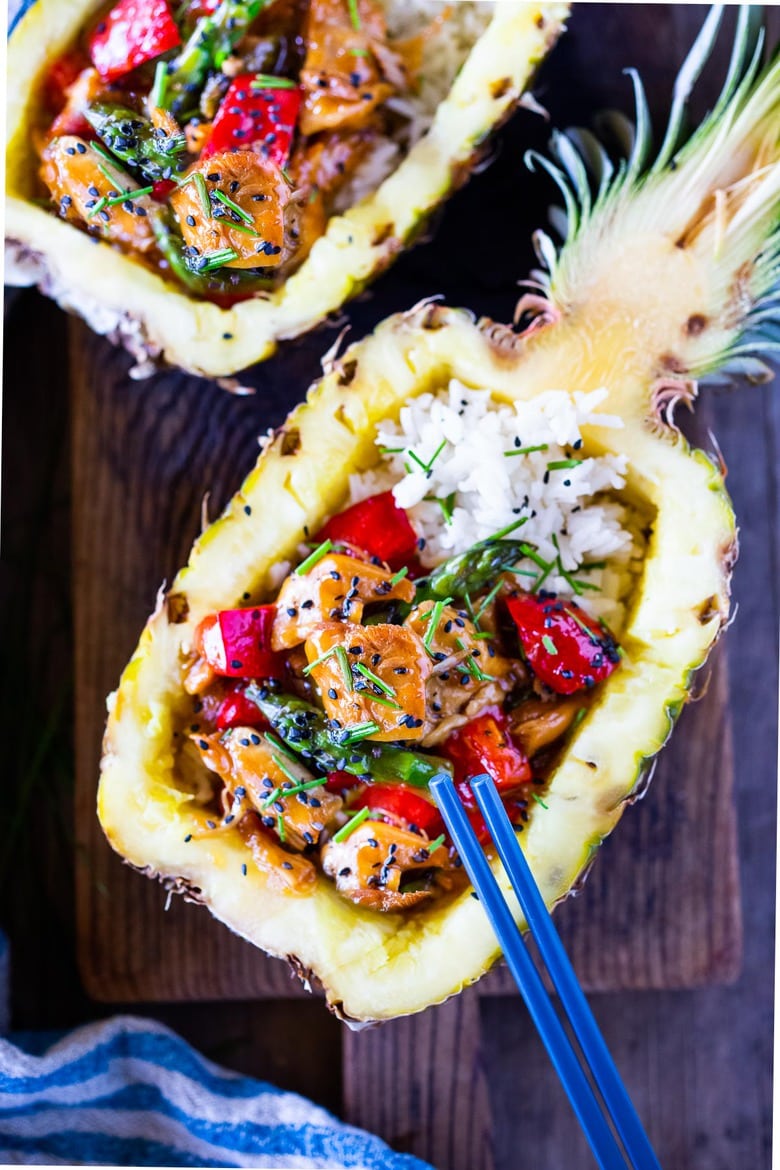 Teriyaki Chicken Stuffed Pineapple-Instant Pot Teriyaki Chicken can be made in under 30 minutes! Cube it for rice bowls, or shred it for Asian tacos. An easy, healthy and versatile recipe! #teriyakichicken #instantpot #instantpotchicken