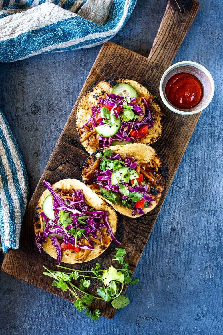 instant pot teriyaki chicken in tacos with crunchy Asian slaw.