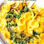 Orecchiette with Creamy Carrot Miso Sauce, topped with  Carrot Top Gremolata (optional) and Toasted Bread Crumbs. Flavorful and healthy! #orecchiette