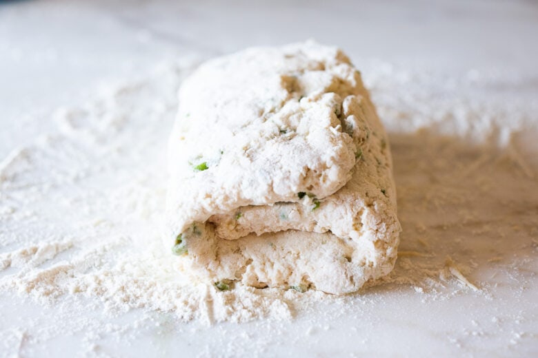 Folded dough for sourdough biscuits. 