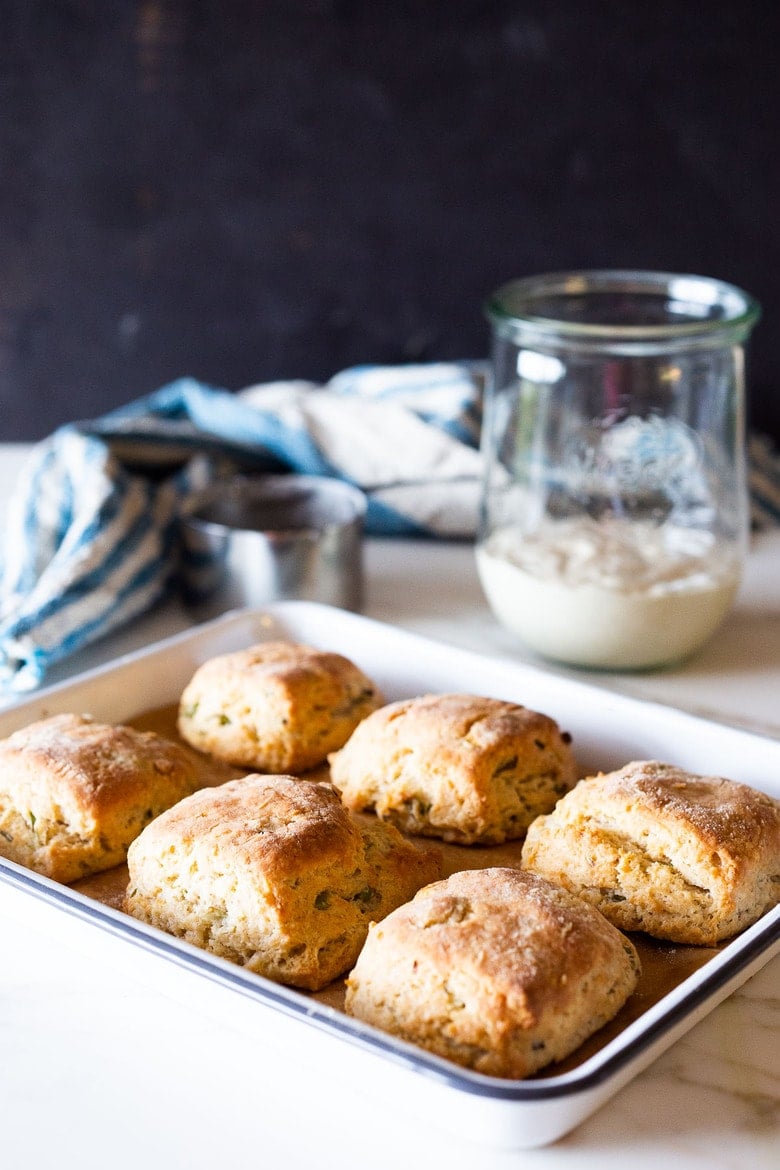 An easy recipe Sourdough Biscuits with scallions using leftover sourdough starter (or discard).This buttery biscuits can be made in 45 minutes!