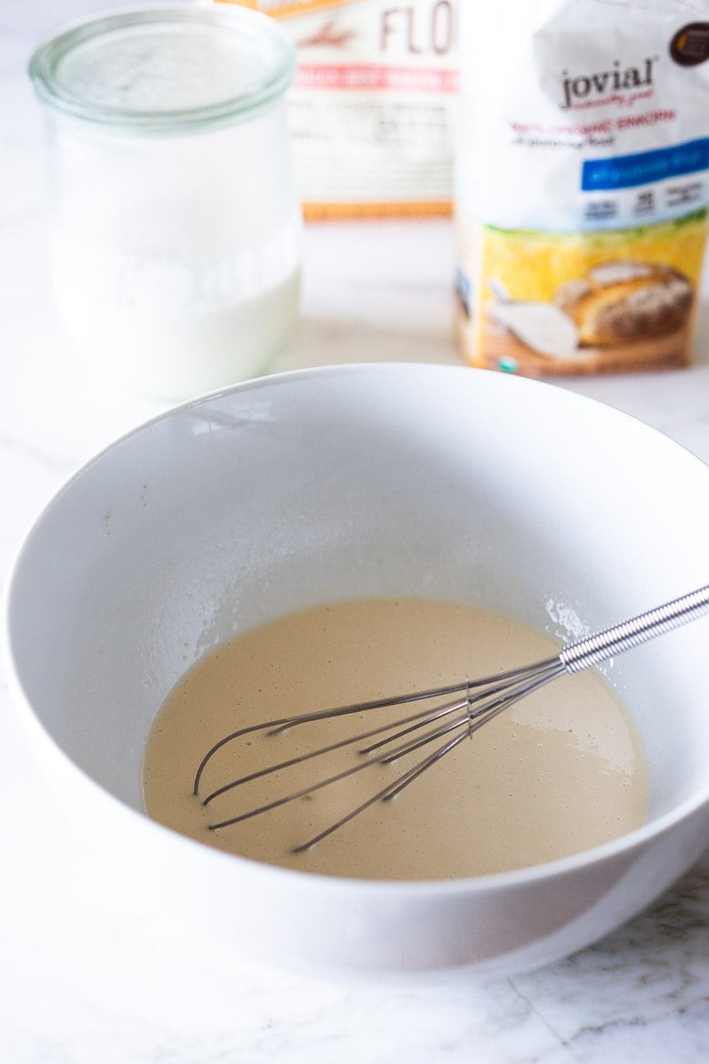 sourdough pancake batter in a bowl 