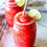 Say hello to the best Strawberry Margaritas made with  fresh, ripe, juicy strawberries! These "frozen" Strawberry Margaritas are light and refreshing and go down a little too easily! Naturally sweetened, nicely balanced with the best flavor! 