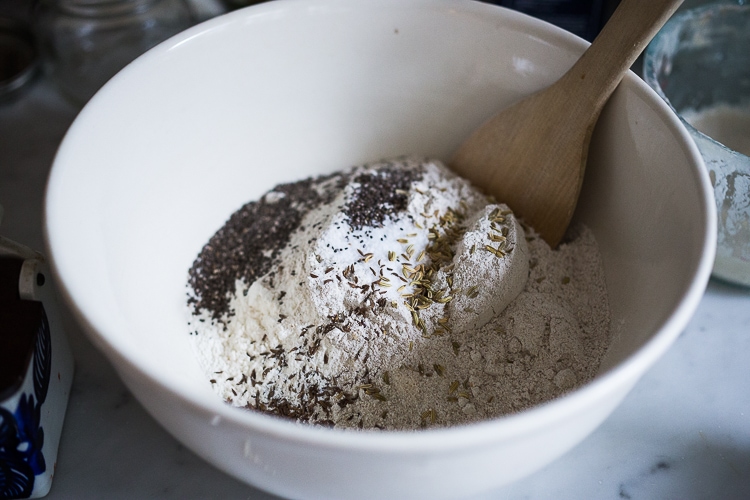 flour,salt and seeds in a bowl