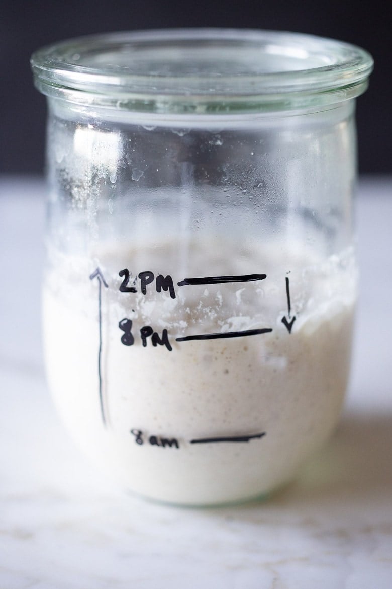 show the slide marks on the sourdough starter jar