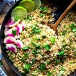 An easy healthy recipe for Cilantro Lime Rice that is made on the stovetop. Make this with brown or white basmati rice ( or jasmine!). #rice #cilantrolimerice #mexicanrice
