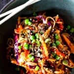 Here’s a super tasty recipe for Kimchi Noodles, stir-fried with lots of healthy veggies you probably have on hand. Keep it vegan or add an egg, chicken or shrimp! Crispy tofu is also a delicious option here!