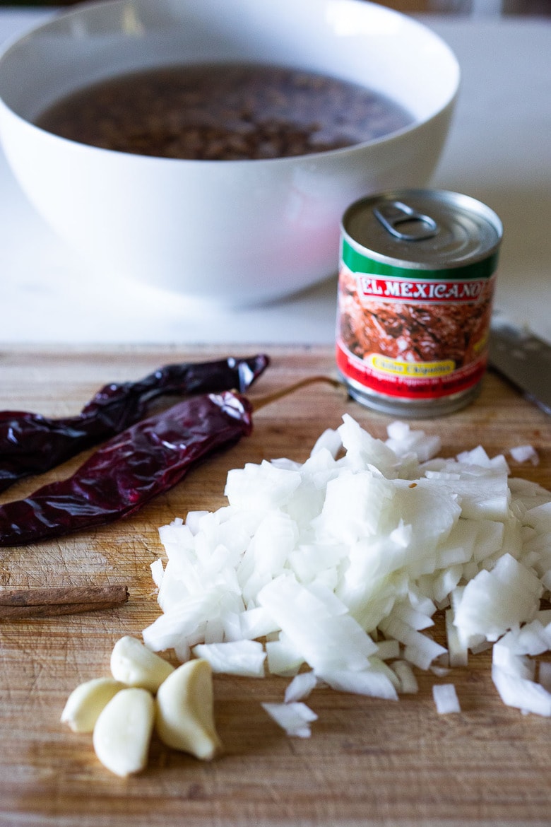 chopped onion and dried chillies 