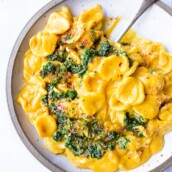  A simple delicious vegan recipe for Orecchiette Pasta with Creamy Carrot Miso Sauce, topped with  Carrot Top Gremolata (optional) and Toasted Bread Crumbs. Flavorful and healthy! #orecchiette