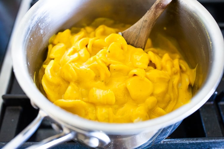 orecchiette combined with creamy carrot pasta sauce in pot. 