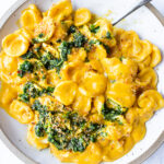 A simple delicious vegan recipe for Orecchiette Pasta with Creamy Carrot Miso Sauce, topped with Carrot Top Gremolata (optional) and Toasted Bread Crumbs. Flavorful and healthy! #orecchiette