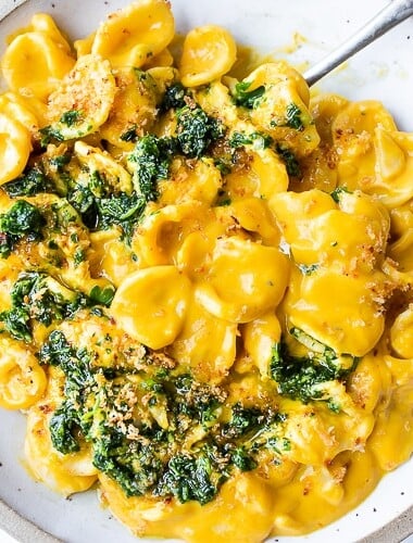  A simple delicious vegan recipe for Orecchiette Pasta with Creamy Carrot Miso Sauce, topped with  Carrot Top Gremolata (optional) and Toasted Bread Crumbs. Flavorful and healthy! #orecchiette