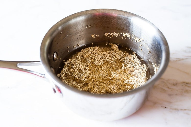 uncooked quinoa and water in small saucepan to cook.