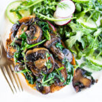 A simple healthy vegan recipe for Mushroom Toast with Spinach, Garlic, Thyme and lemon zest. Serve it as a meal with a hearty salad, or top it with an egg for breakfast. A great way to use up sourdough bread! #mushroomtoast