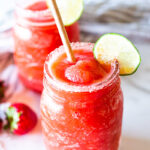 A easy recipe for fresh, blended Strawberry Margaritas using ripe, juicy, in season strawberries. These frozen Margaritas are naturally sweetened and have the best flavor! 