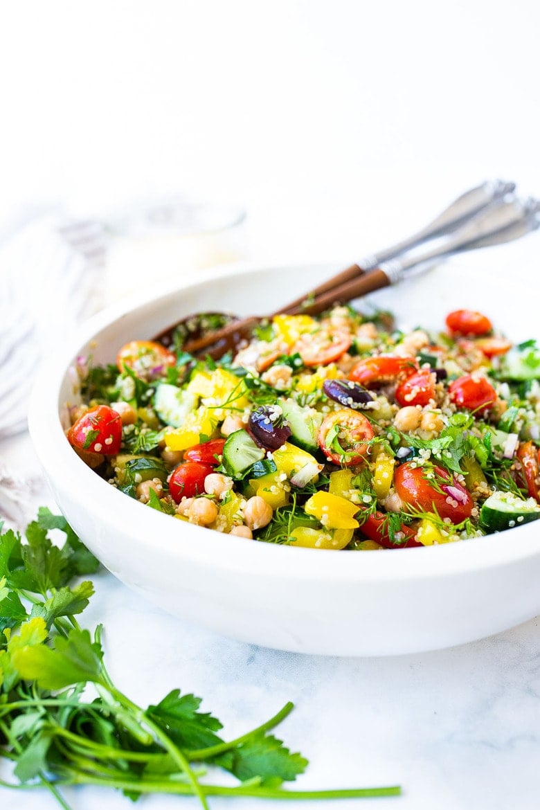 20 Plant-based Chickpea Recipes! || Lemony Chickpea Quinoa Salad with cucumber, tomato, dill, parsley and Preserved Lemon Dressing. #chickpeasalad #quinoasalad