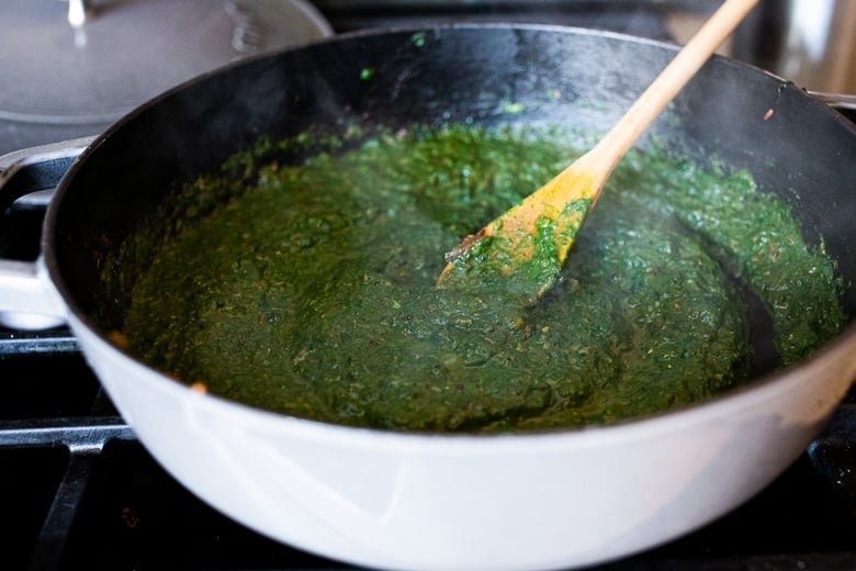 fragrant green spinach sauce in a pan 