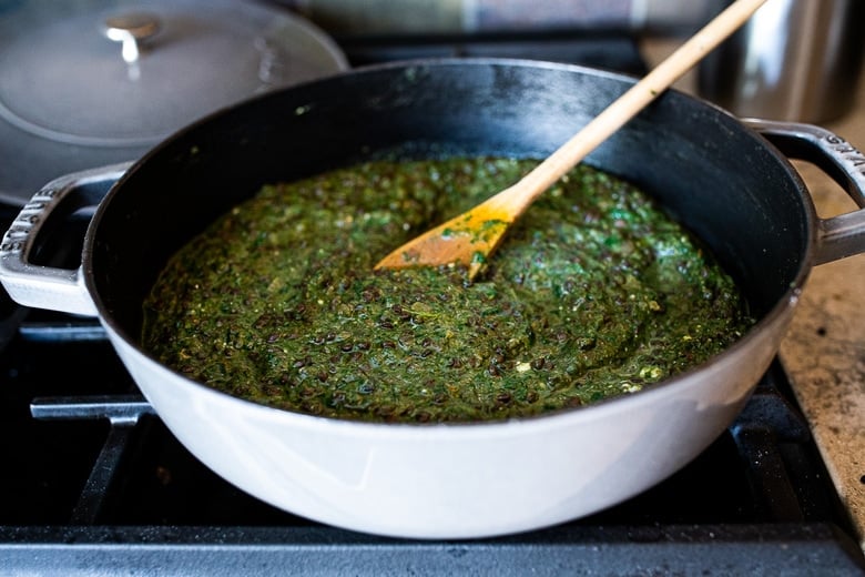 spinach lentil dal in a pan
