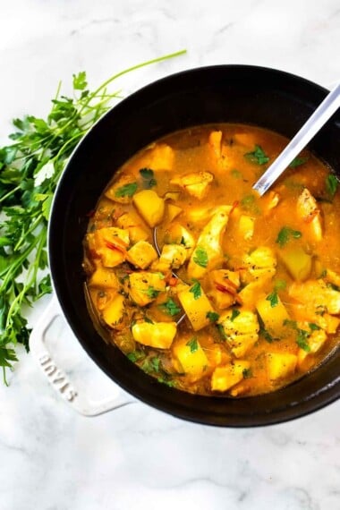 Here's a simple recipe for Portuguese Fish Stew (aka Caldeirada) that can be made with fish or shellfish in a fragrant yet simple, saffron broth, studded with potatoes. Rustic and light, this summer stew can be made in just 30 minutes! Serve with Rice or Crusty Bread!