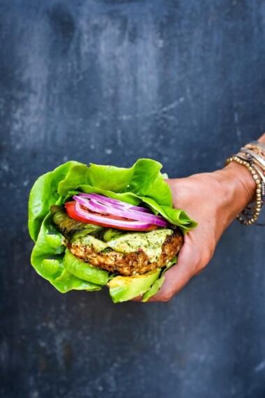 The best Turkey Burger Recipe with jalapeño, cilantro, lime zest, scallions , roasted poblano peppers and Chimichurri Mayo! Serve it in a bun or in a lettuce wrap! #turkeyburger #turkeyburgerrecipe