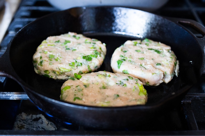 Pan searing the turkey burgers 