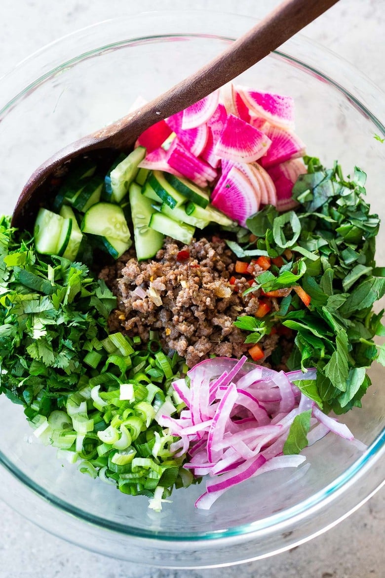 Thai Larb Salad ingredients in a bowl.