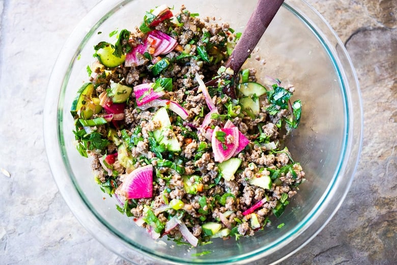 Thai larb salad made with ground chicken