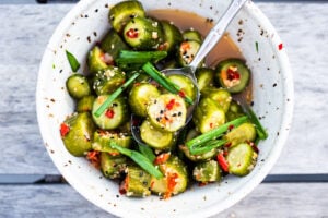 How to make fermented Cucumber Kimchi Pickles in 3-5 days with 20 minutes of hands-on time! Easy to make and full of healthy, immune-supporting probiotics.
