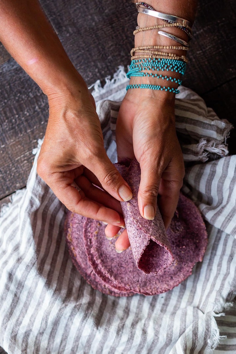 homemade tortillas using blue corn. 