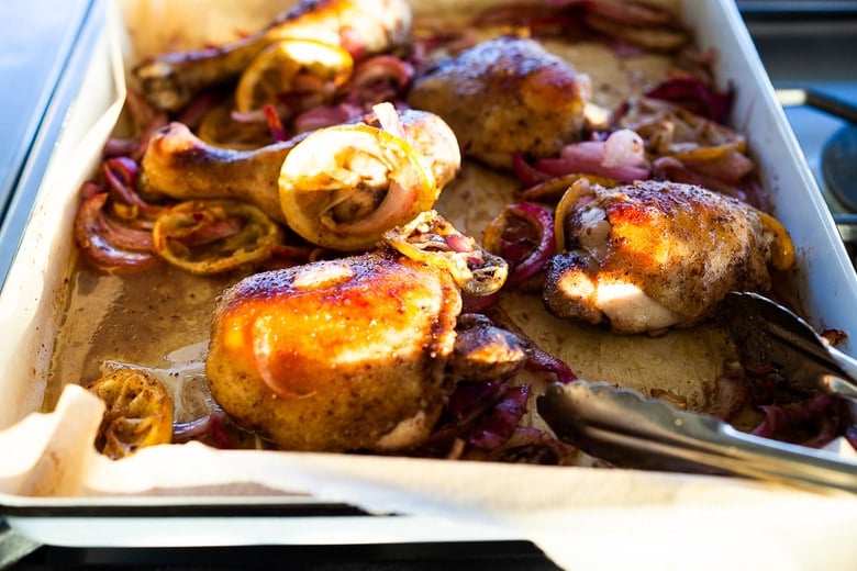 7 spice chicken, roasted on a sheet pan 