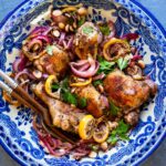 Roasted Lebanese 7-Spice Chicken with caramelized onions, almonds and roasted lemon. A simple flavorful Lebanese-inspired dinner, with only 15 minutes of hands on time. #chicken #lebanesechicken #lebanesefood #7spice
