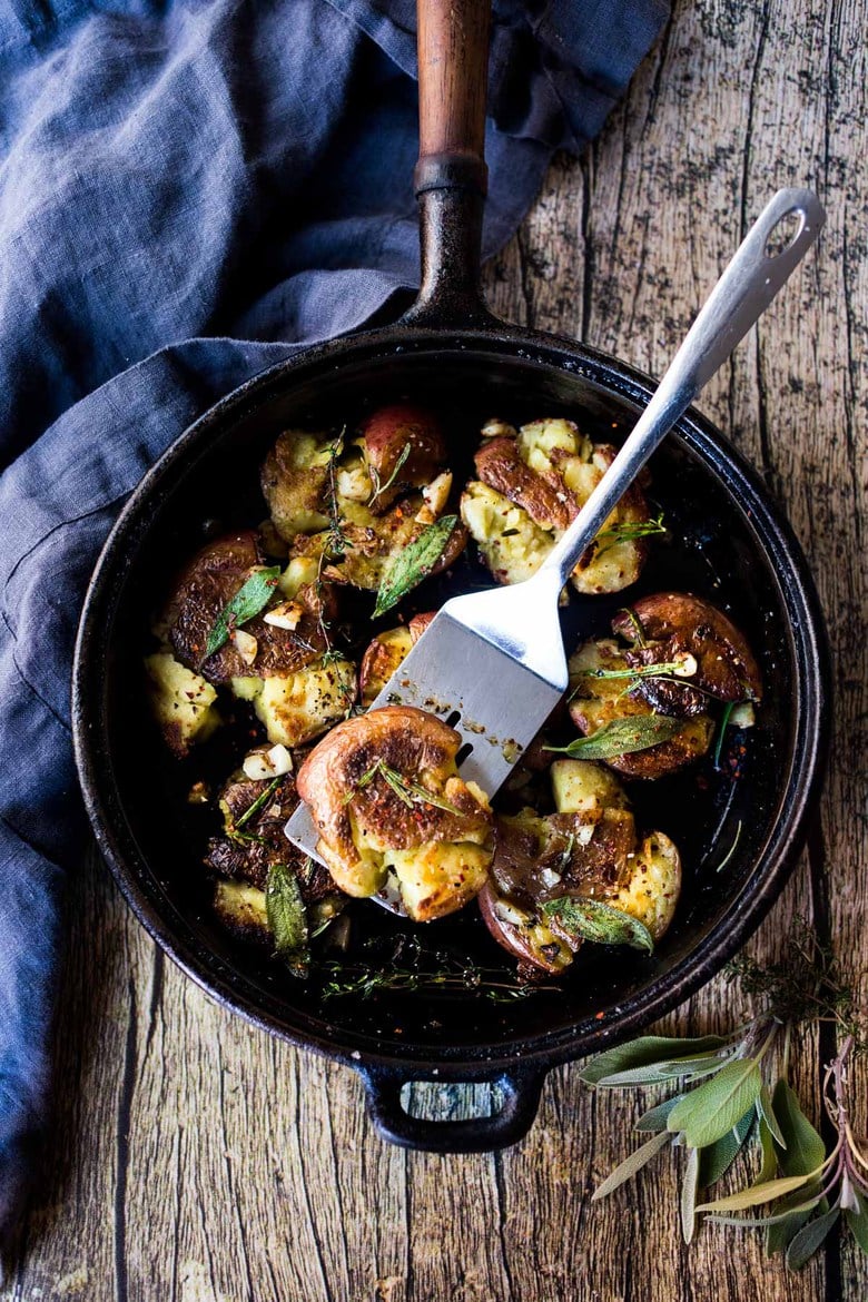 Garlic Herb Smashed Red Potatoes - Saving Room for Dessert