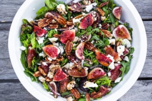 This fresh Fig Salad with arugula, basil, goat cheese, and pecans is perfect for early fall. Tossed with Balsamic Vanilla Vinaigrette, it is a luscious combination of flavors and textures. Video.