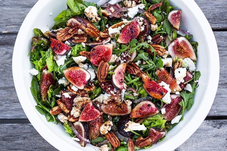 Here's one of our all-time favorite summer salads- Fig and Arugula Salad with Goat Cheese, Pecans and Basil tossed in a simple Balsamic Vinaigrette.