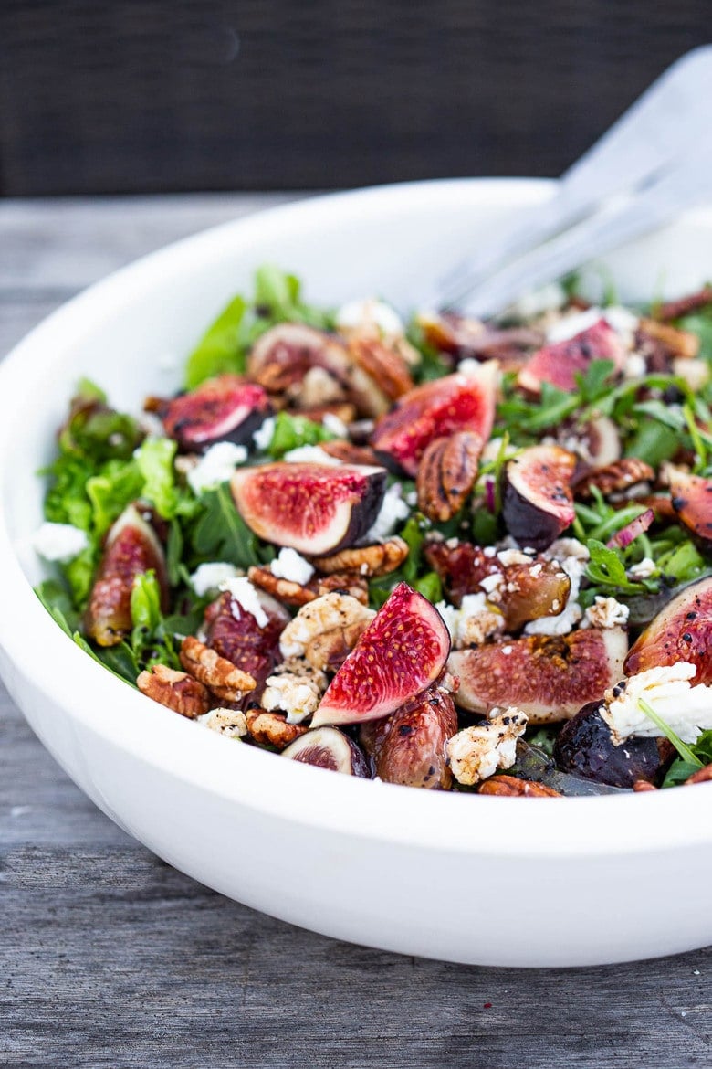 Here's one of our all-time favorite summer salads- Fig and Arugula Salad with Goat Cheese, Pecans and Basil tossed in a simple Balsamic Vinaigrette.