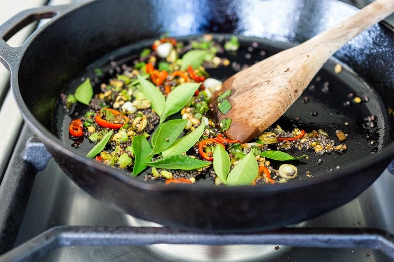 make the temerping oil with the seeds and curry leaves.