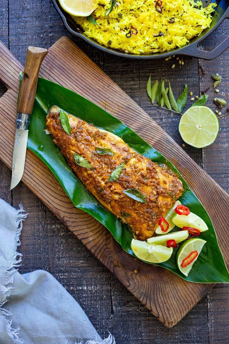 Our 50 Best Grilling Recipes | Kerala-Style Fish, made with a flavorful paste that is either grilled or roasted in the oven. Curry leaves and Tamarind give this Indian Recipe its unique flavor. #kerala #keralafish #whitefish #indianrecipes