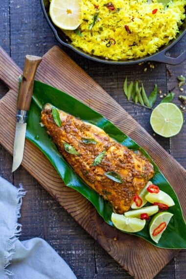 A recipe for Kerala Fish made with a flavorful paste that is either grilled or roasted in the oven. Curry leaves and Tamarind give this Indian Recipe its unique flavor. 