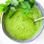 Peruvian Green Sauce (Aji Verde)! This recipe is vegan-adaptable, so you can skip the mayo if you prefer. A spicy, tangy flavorful condiment that is delicious on so many things! #ajiverde #peruviangreensauce #vegan