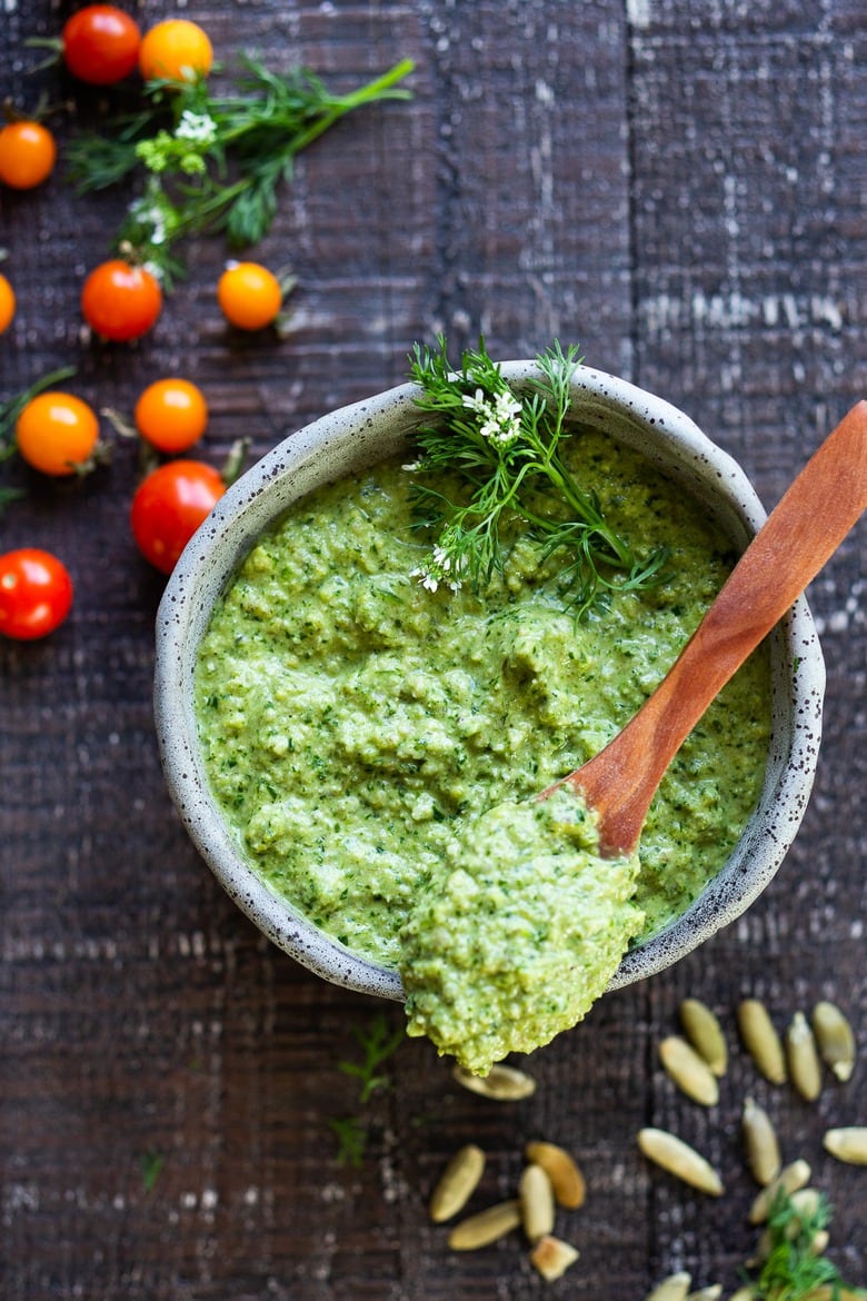 This flavorful Poblano Pumpkin Seed Sauce is made with roasted poblano peppers and pumpkin seeds- a tasty addition to tacos, enchiladas, or burrito bowls! #poblanosalsa #pepitasalsa #poblanosauce #pepitasauce