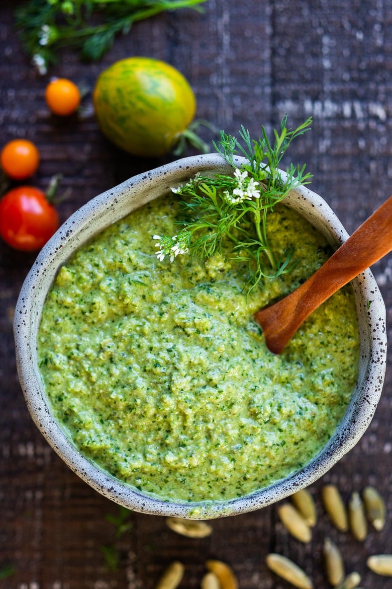 This flavorful Poblano Pumpkin Seed Sauce is made with roasted poblano peppers and pumpkin seeds- a tasty addition to tacos, enchiladas, or burrito bowls! #poblanosalsa #pepitasalsa #poblanosauce #pepitasauce